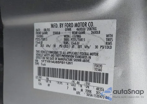 2005 Ford Ranger Edge/Stx/Xl/Xlt from USA, damaged, VIN 1FTYR14U85PB11261